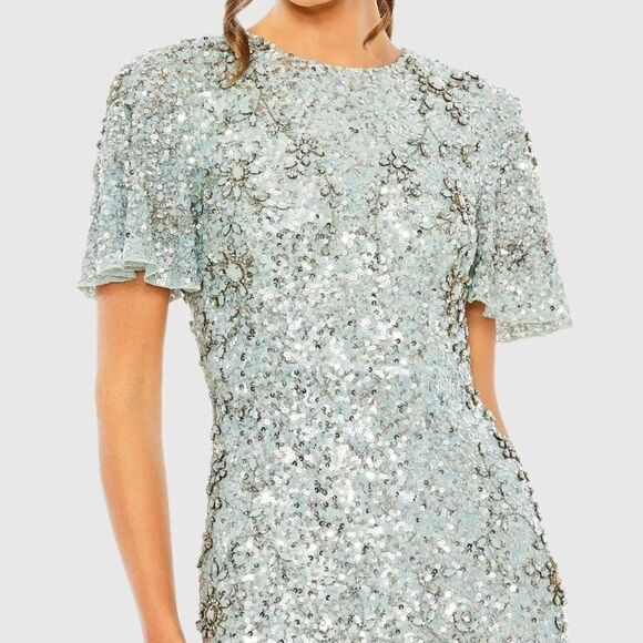 MAC DUGGAL 93932 Blue Flutter Sleeve Sequin High Neck Gown Dress - Picture 3 of 13